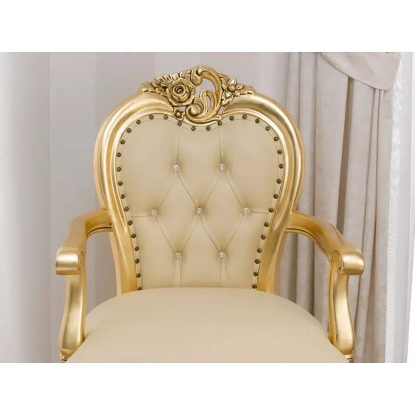 Modern Hand Carved Baroque Glossy and Golden Leaf Faux Leather Crystal Sw Buttons Teak Wood Armchair, view 4