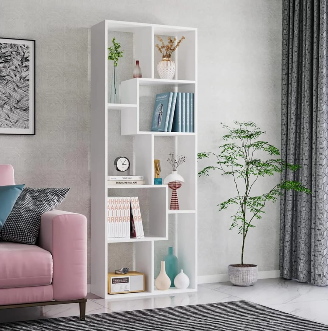 Modern Handmade Engineered Wood Bookshelf Rack for Library Home or Office with 8 Shelves (White)