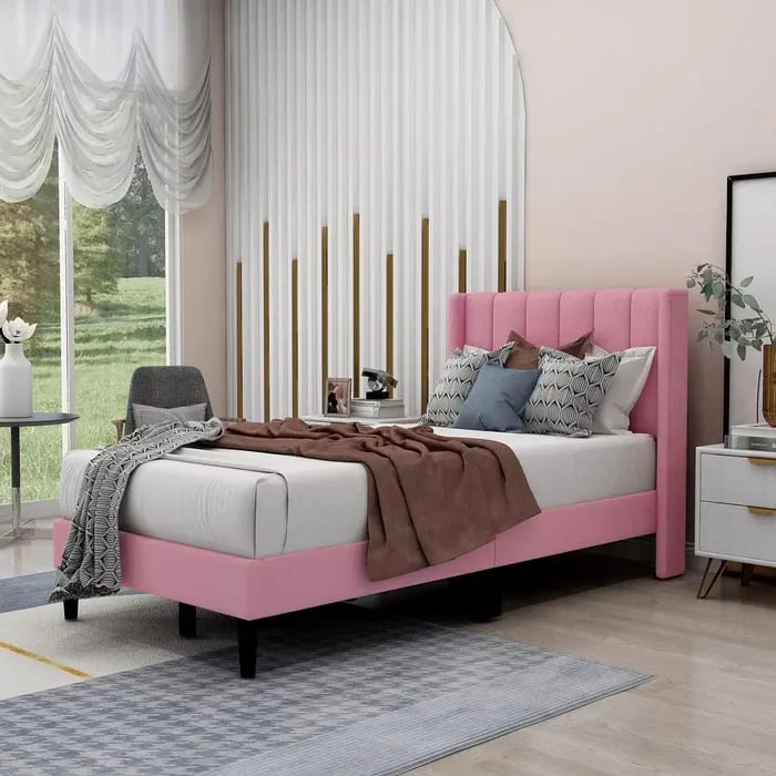 Modern Rectangular Velvet Upholstery Bed with Soft Wingback Headboard ( Pink )