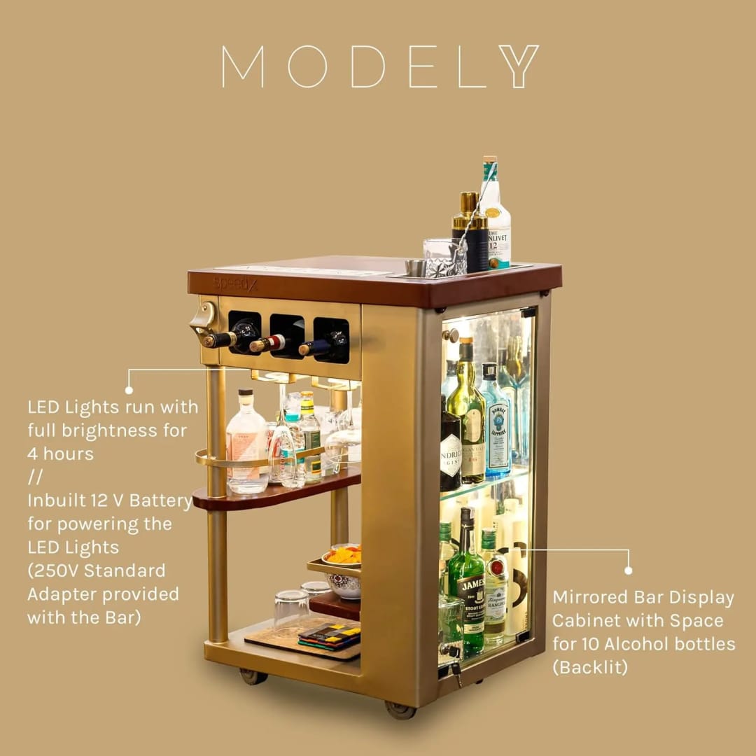 Modley Stylish Metal Bar Serving Trolley with Wheels Use Mini Cocktail Station with Speed Rails, Perfect As a Home Bar ( Gold ), view 2