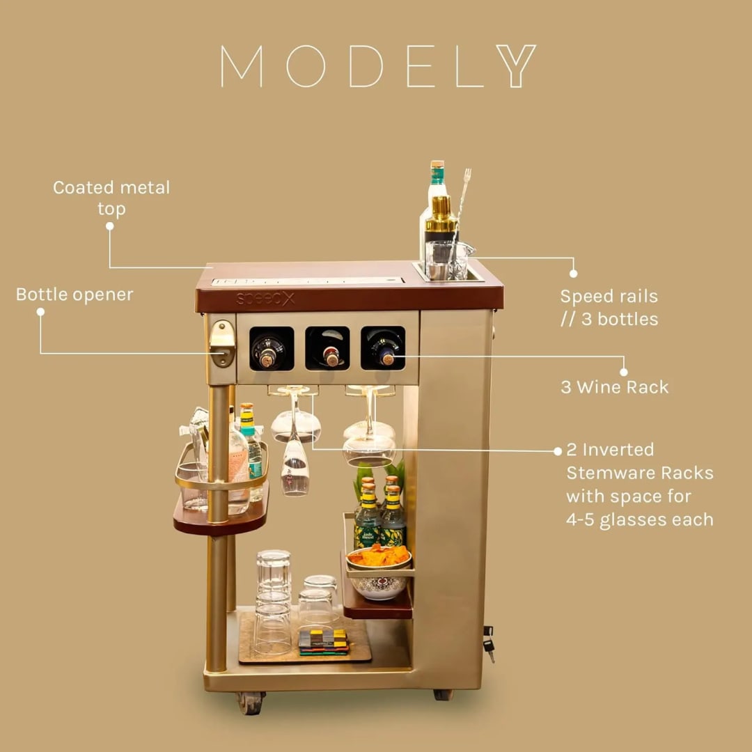 Modley Stylish Metal Bar Serving Trolley with Wheels Use Mini Cocktail Station with Speed Rails, Perfect As a Home Bar ( Gold ), view 3