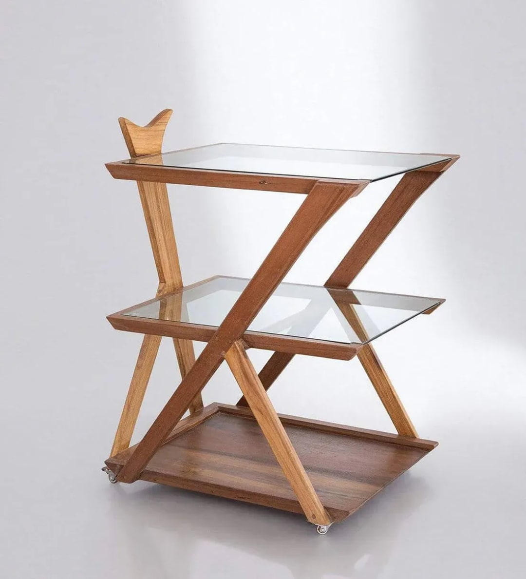 Multipurpose Zigzag Handmade Teak Wood & Glass 3-Tier Bar Serving Trolley with Wheels for Home Bar & Dining Room (Natural Finish)