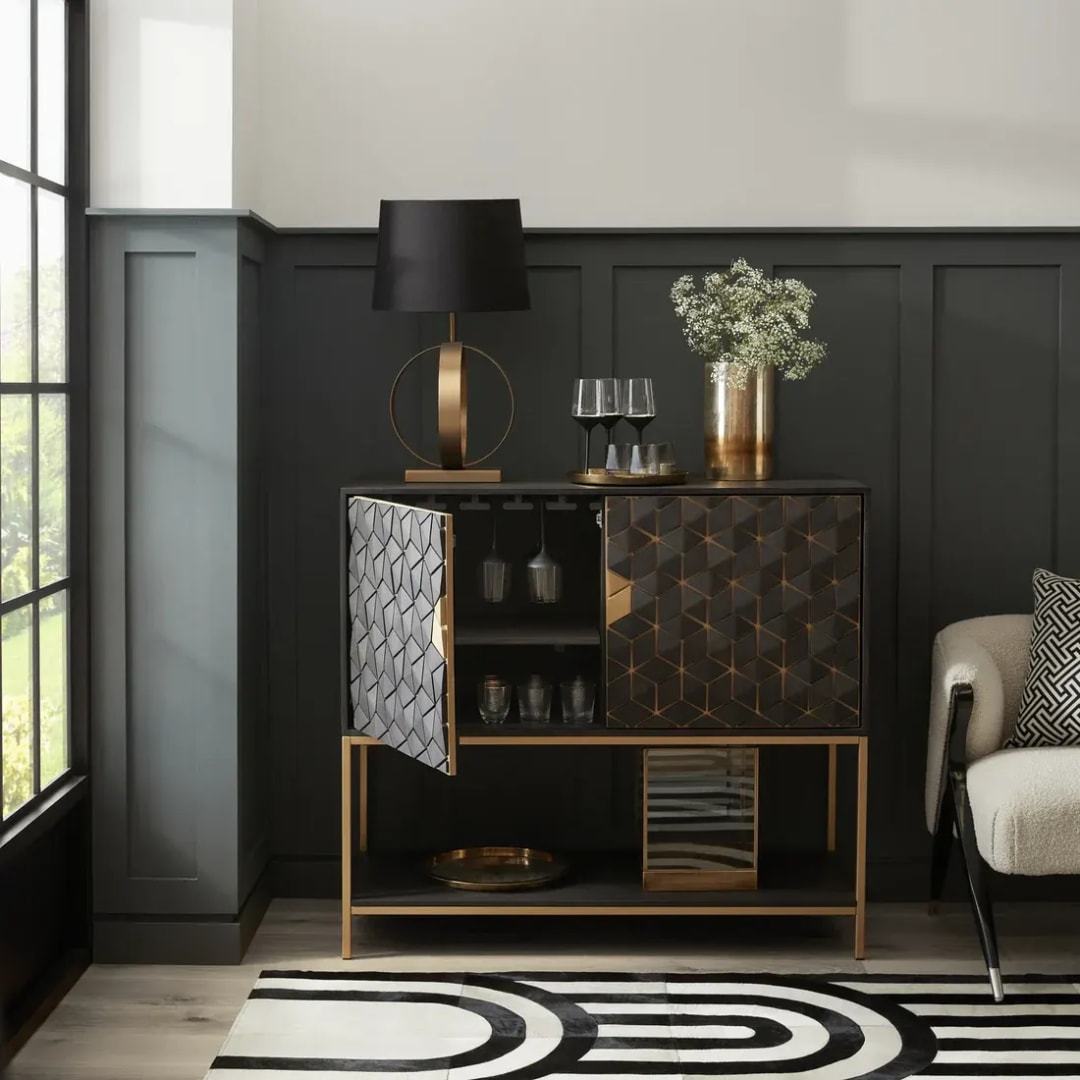 Muxxo Handmade Wooden Bar Cabinet Stylish Liquor and Wine Storage Cabinet for Glasses and Bottles (Black)