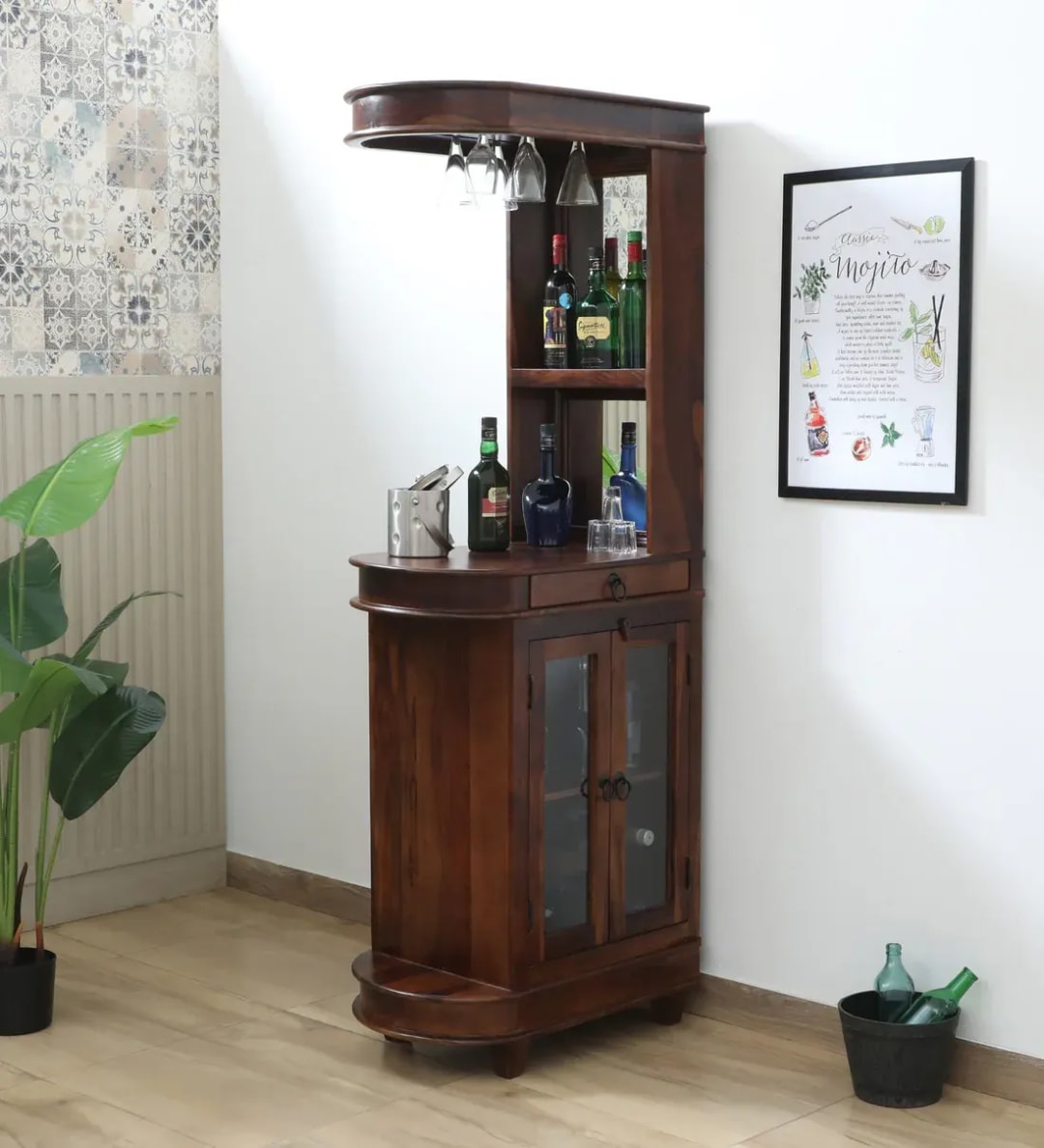 Naagin Handmade Teak Wood Bar Cabinet Stylish Liquor and Wine Storage Cabinet for Glasses and Bottles Modern Rustic Design (Provincial Teak)
