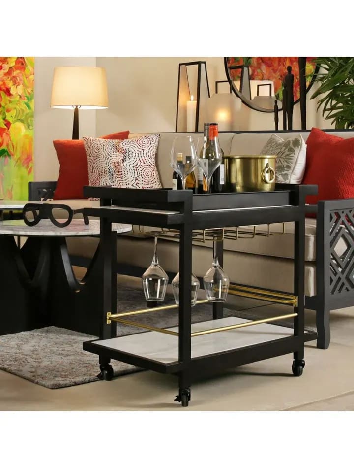 Neo 2-Tier Marble Top Steel Bar Serving Trolley with Wheels ( Black & Gold )