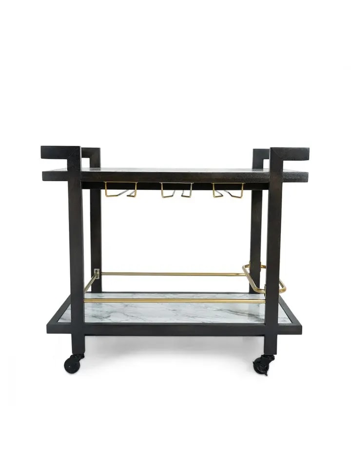 Neo 2-Tier Marble Top Steel Bar Serving Trolley with Wheels ( Black & Gold ), view 3