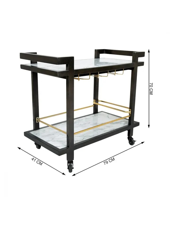 Neo 2-Tier Marble Top Steel Bar Serving Trolley with Wheels ( Black & Gold ), view 4