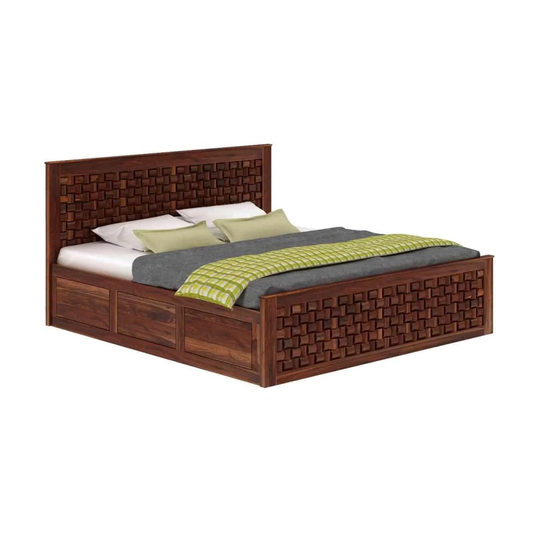 Niwar Premium Teak Wood Hydraulic Storage King Size Bed Modern Space Saving Design with Elegant Finish with 2 Bedside Table, view 3