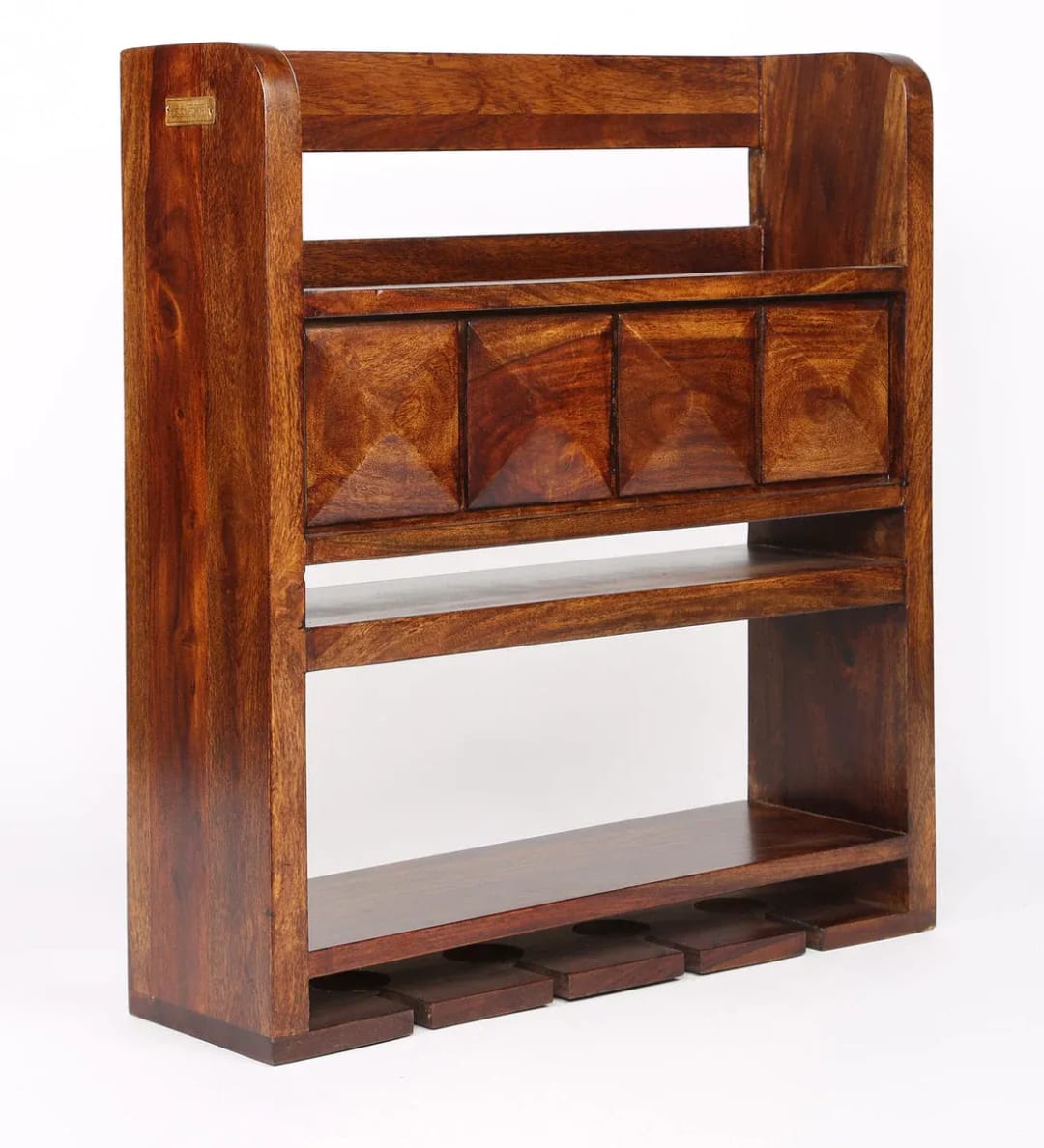 Norman Glass Elegant Wooden Wall Mounted Wine Rack, Wall Hanging Mini Bar for Home (Provincial Teak Finish), view 3