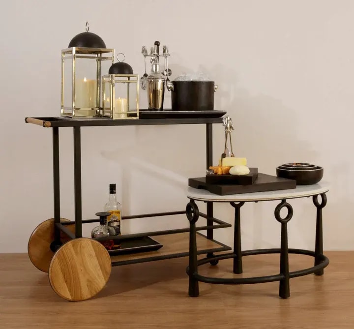 Oak 2-Tier Marble Top Metal Bar Serving Trolley with Wheels ( Bronze )