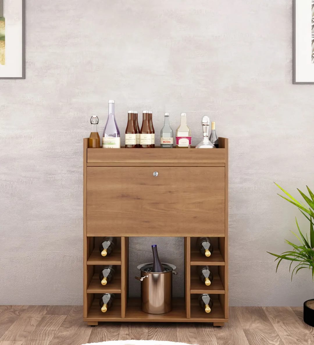 Olga Handmade Teak Wood Bar Cabinet Stylish Liquor and Wine Storage Cabinet for Glasses and Bottles Modern Rustic Design (Knottywood Finish)