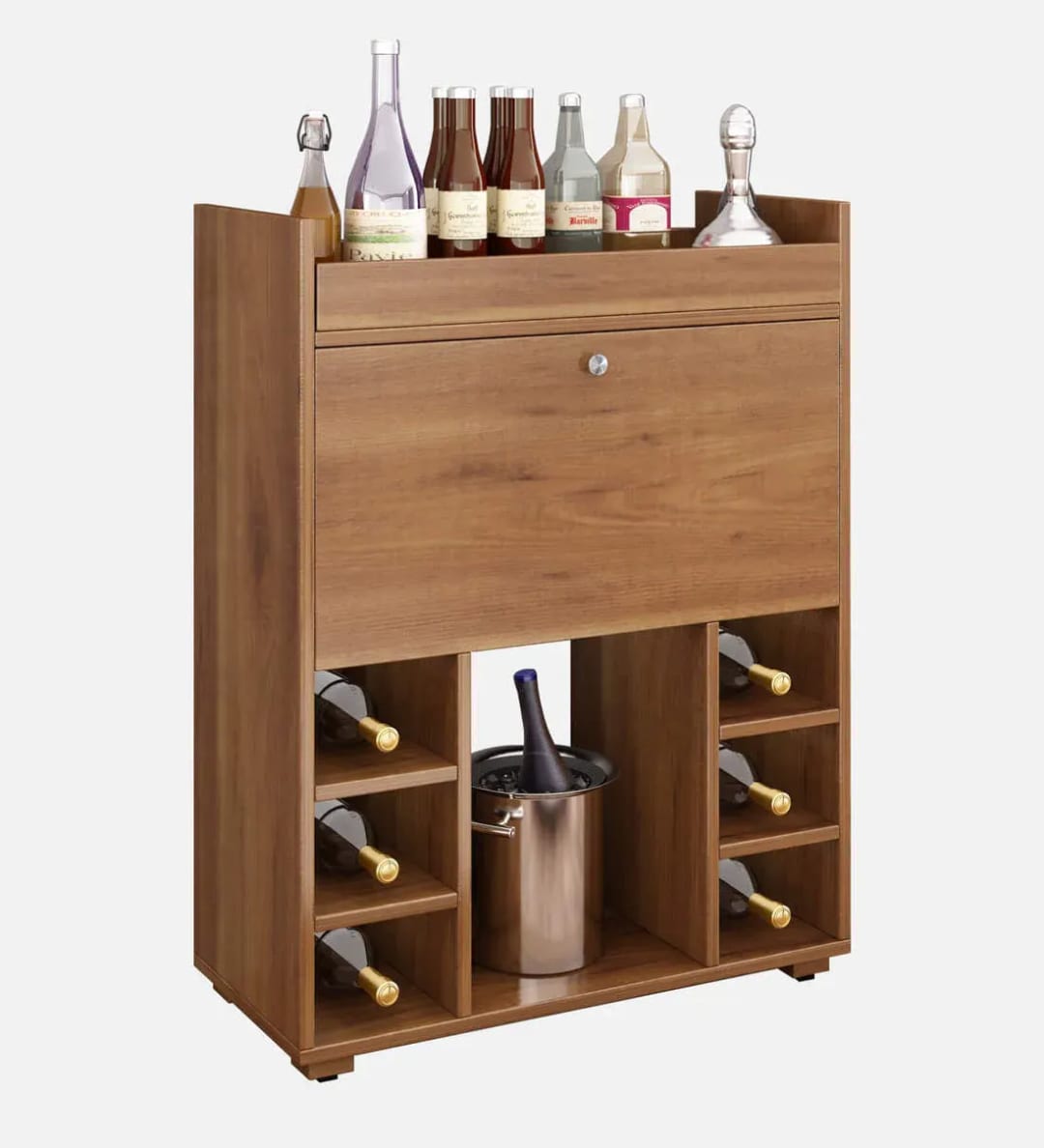 Olga Handmade Teak Wood Bar Cabinet Stylish Liquor and Wine Storage Cabinet for Glasses and Bottles Modern Rustic Design (Knottywood Finish), view 3