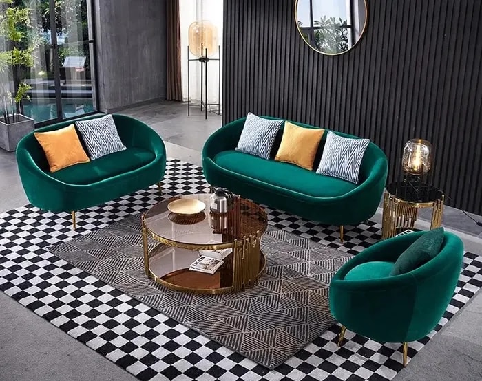 Opal Modern Velvet Fabric Teak Wood 3+2+1+1 Sofa Set with 2 Ottoman and 1 Coffee Table ( Green ), view 2