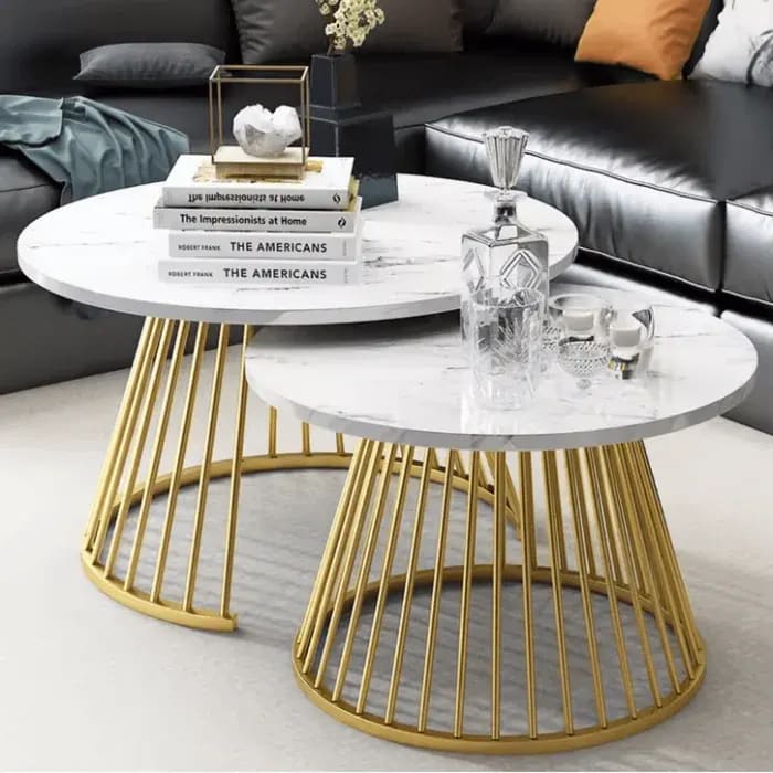 Ornate Circular Design Round Coffee Table Set of 2 with Marble Top-Like Finish for Modern & Elegant Living Room, view 2