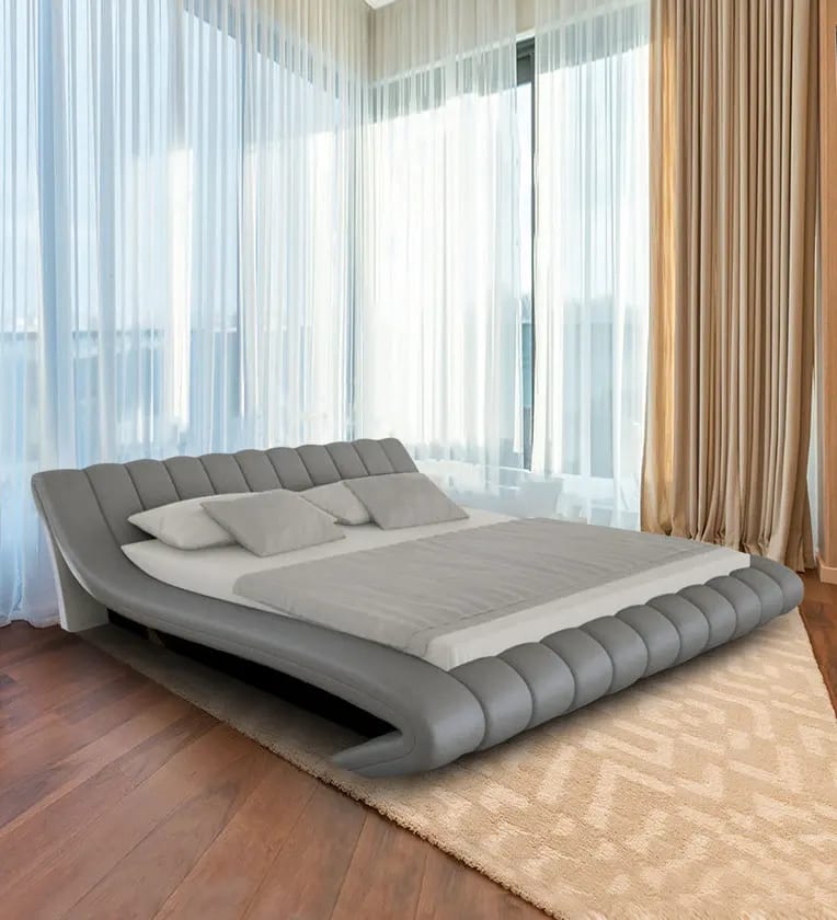 Oscar Leatherette Teak Wood Upholstery King Size Bed for Modern Bedroom ( Grey )