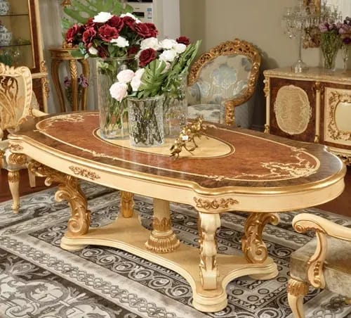 Oval Antique Golden Finish Hand Carved Teak Wood 6 Seater Dining Table Set for Luxury Dining Room, view 2