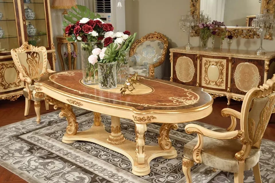 Oval Antique Golden Finish Hand Carved Teak Wood 6 Seater Dining Table Set for Luxury Dining Room, view 3