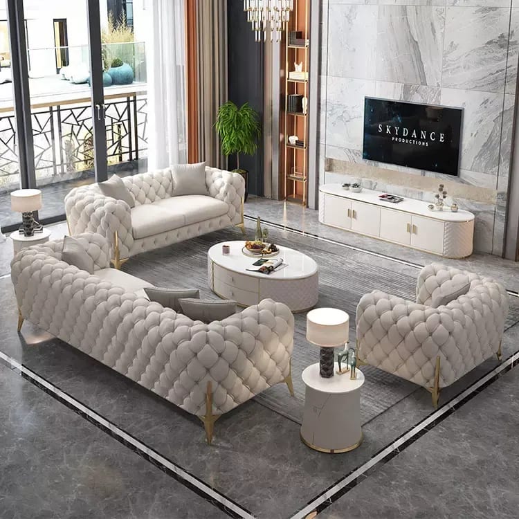 Perfectly Modern Button Tufted Teak Wood 3+2+1 Chesterfield Sofa Set with 2 Bedside Tables and 1 Coffee Table for Your Living Room