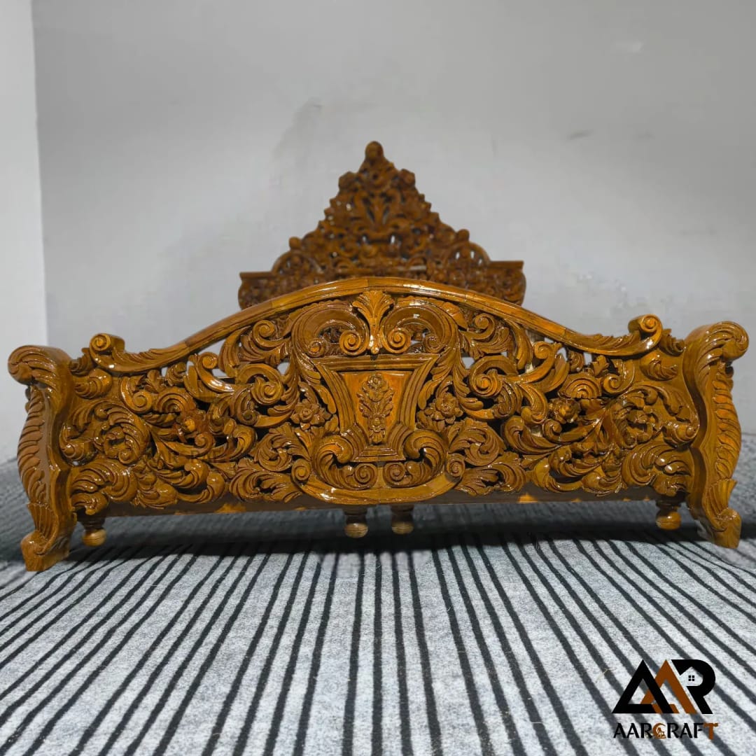 Premium Royal Carved Teak Wood King Size Bed, view 2