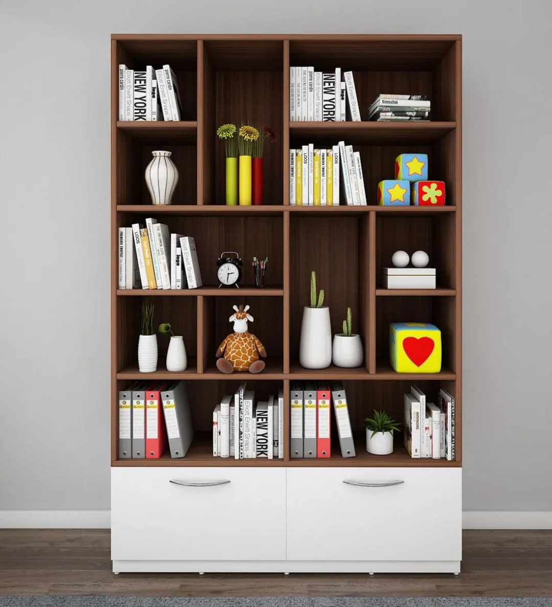 Pulseline Teak Wood Handmade Bookshelf Rack for Library Home or Office (Walnut & Frosty White Finish)