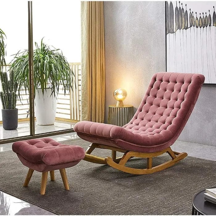 Recliner Lounger Wooden Rocking Chair in Premium Soft Comfortable Cushion (Pink)