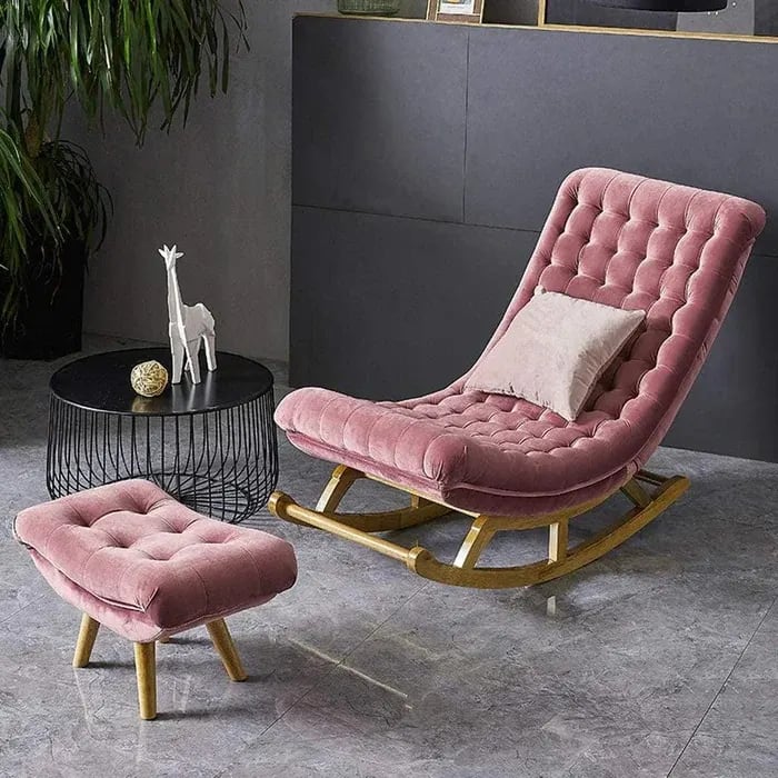 Recliner Lounger Wooden Rocking Chair in Premium Soft Comfortable Cushion (Pink), view 3