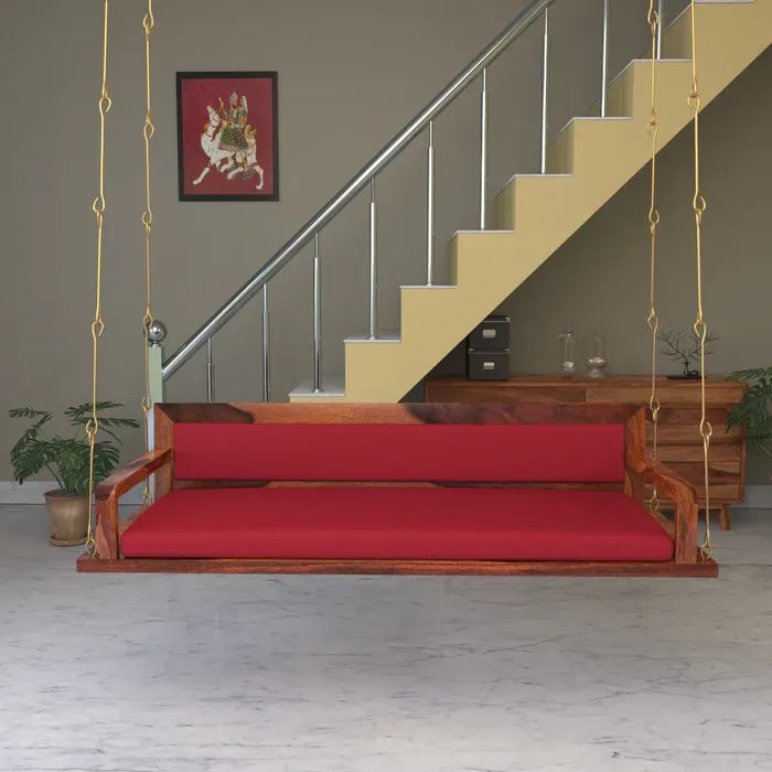 Red Back Upholstered Heritage Handmade Teak Wood Swing Patio Hammock Jhula Traditional Style, view 2