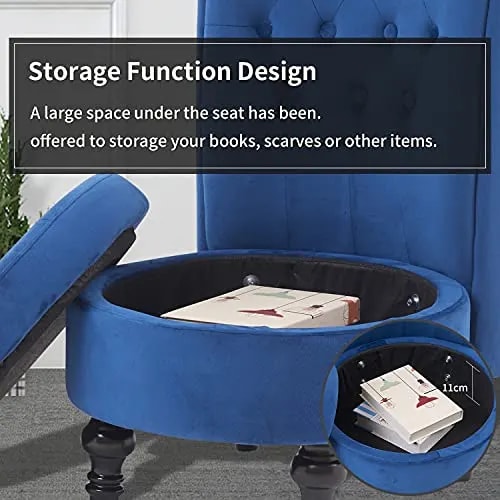 Retro Armless Luxurious High Back Button Tufted Teak Wood Velvet Fabric Throne Chair ( Blue ), view 2