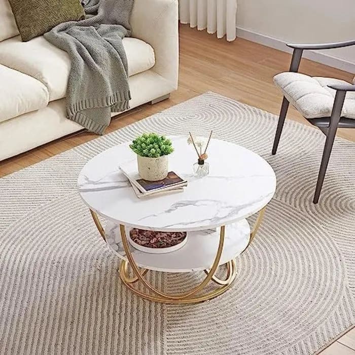 Round Coffee Table with Marble Top Like Finish Stylish 2-Tier Designraggy Modern Butterfly Design Coffee Table With Convenient Storage 1 Drawer ( White ), view 2