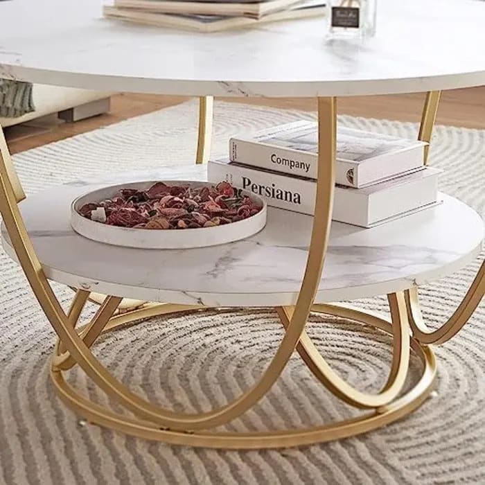 Round Coffee Table with Marble Top Like Finish Stylish 2-Tier Designraggy Modern Butterfly Design Coffee Table With Convenient Storage 1 Drawer ( White ), view 3