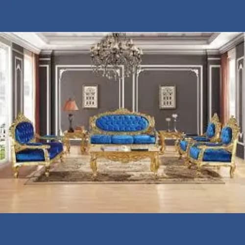 Royal Antique Gold Hand Carved Teak Wood 3+2+1+1 with Center Table 7 Seater Sofa Set ( Blue )