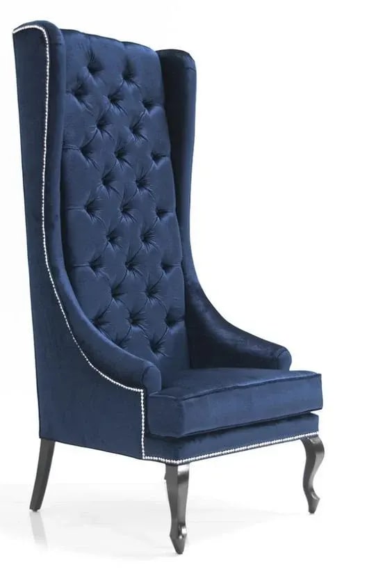 Royal Crystal Buttons Handmade Teak Wood Velvet Fabric High Back Throne (Blue), view 4