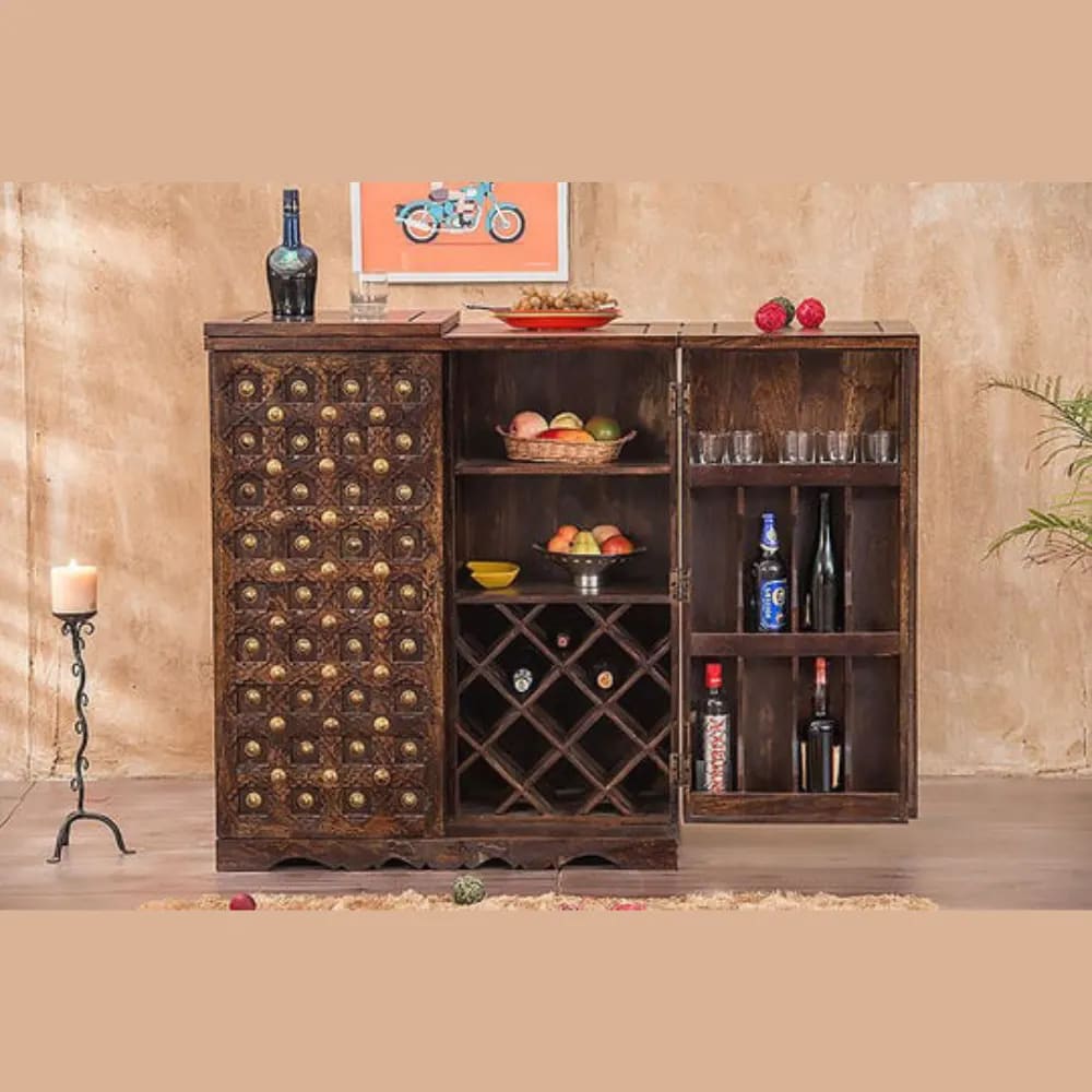 Royal Design Storing Handmade Teak Wood Bar Cabinet Stylish Look for Wine, Liquor, Glasses (Brass Stone), view 3