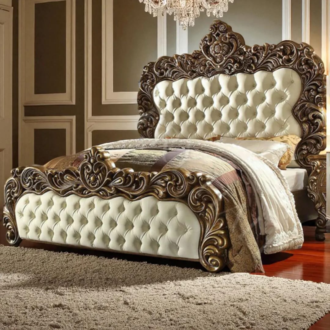 Royal King Size Carving Bed with Antique Gold Finish