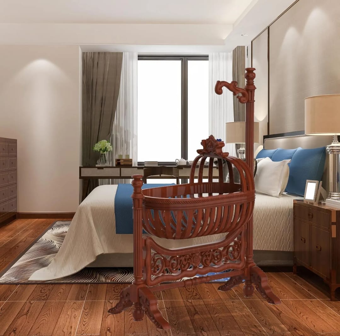 Royal Teak Wood Baby Cradle Walnut Finish