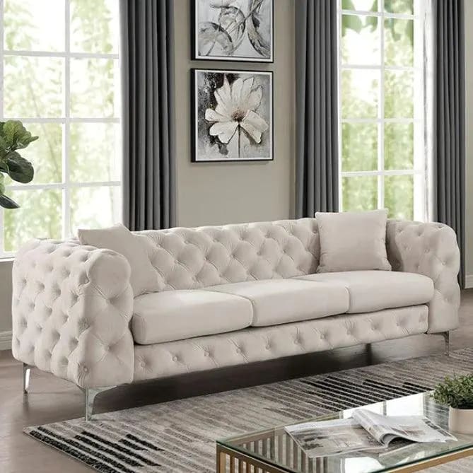 Sapphira Modern Elegant Button Tufted Design Solid Wood 3 Seater Sofa with Comfortable Cushions Metal Legs ( Beige )