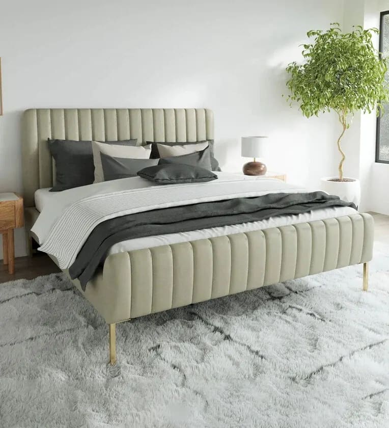 Seana Luxury Teak Wood Upholstery King Size Bed for Modern Bedroom (Metal Legs)