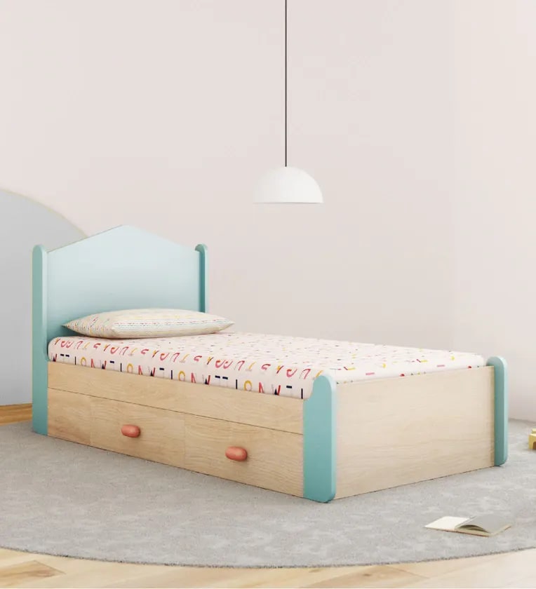 Secret Handmade Teak Wood Rectangular Single Bed with 2 Drawers Storage Space-Saving Design, Durable Rustic