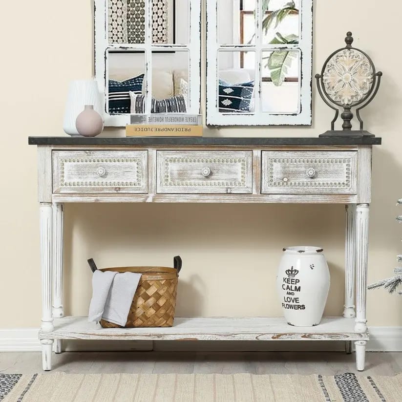 Sela Handmade Teak Wood Console Table Rack with 3 Drawers, 1 Bottom Shelf (Antique White Finish), view 3