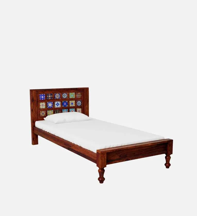 Siramika Handmade Teak Wood Button Tufted Single Bed with Honey Oak Finish Luxury Solid Wood Bed Frame for Modern Rustic Bedroom Decor, view 2
