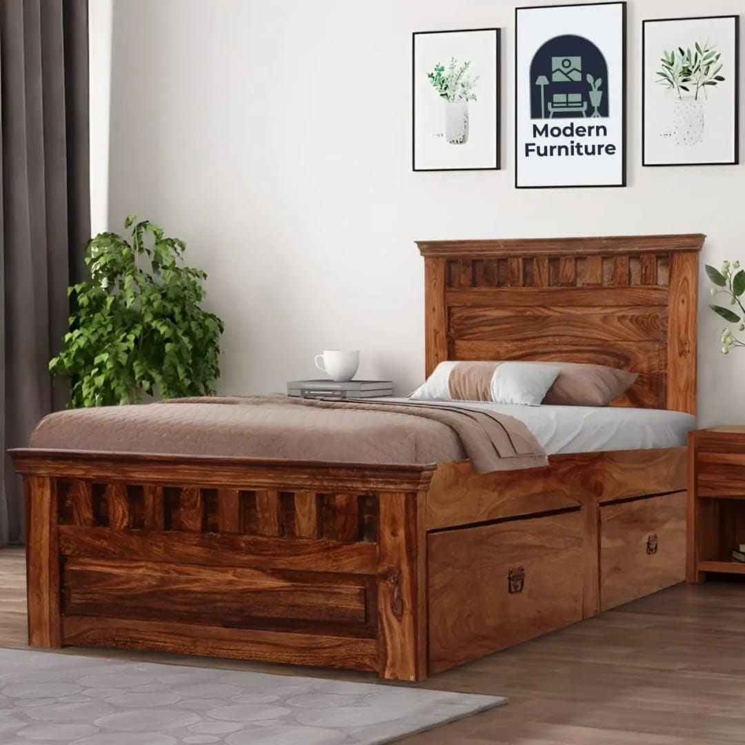 Siramika Handmade Teak Wood Hostel Trundle Bed Space-Saving Single Bed with Two Storage Drawers