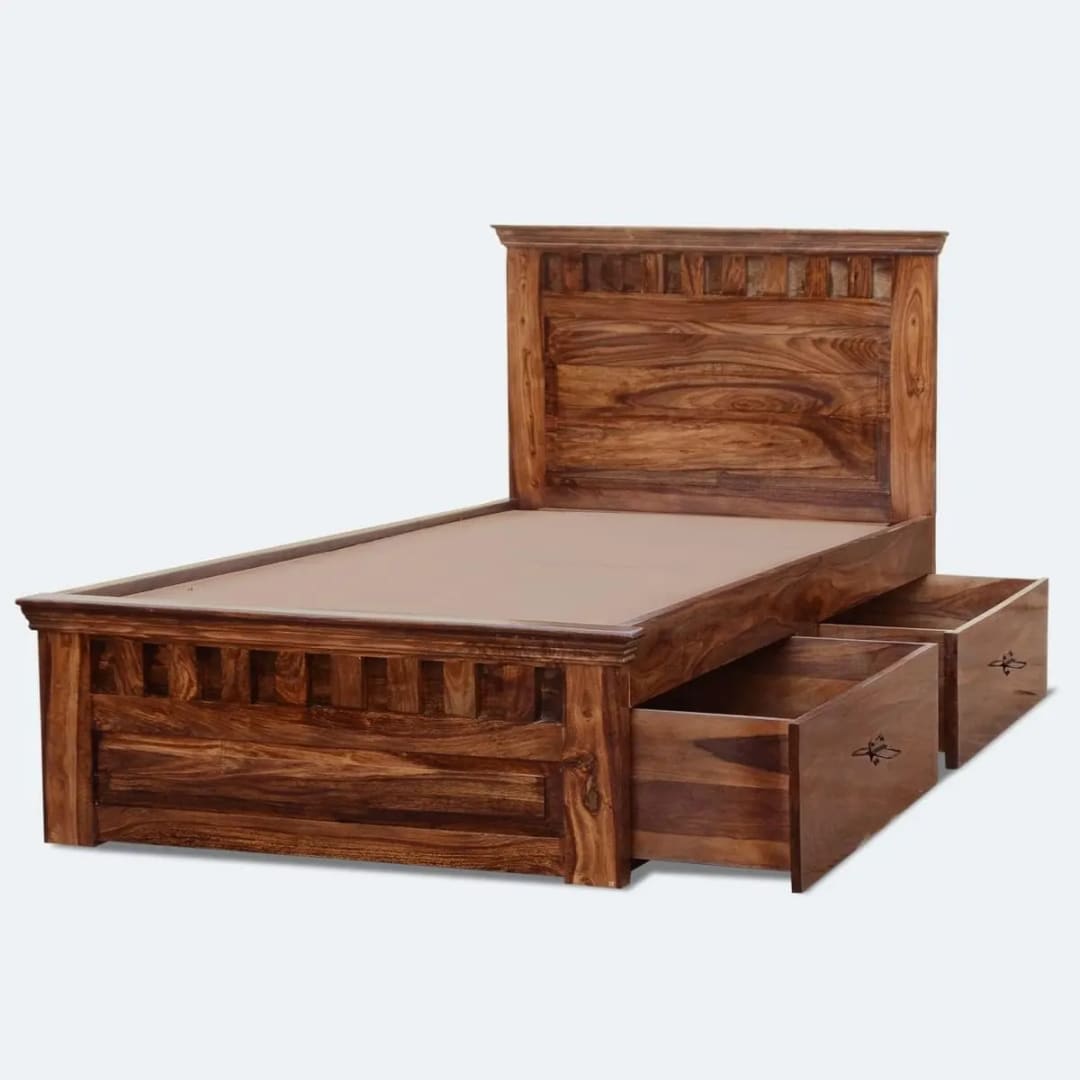 Siramika Handmade Teak Wood Hostel Trundle Bed Space-Saving Single Bed with Two Storage Drawers, view 3