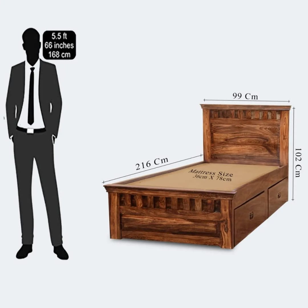 Siramika Handmade Teak Wood Hostel Trundle Bed Space-Saving Single Bed with Two Storage Drawers, view 4