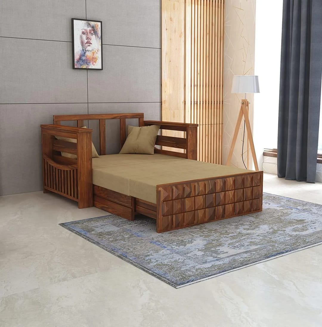 Slope Handmade Teak Wood 2 Seater Sofa Cum Bed Rustic Convertible Wooden Sofa Bed for Living Room ( Honey Finish )
