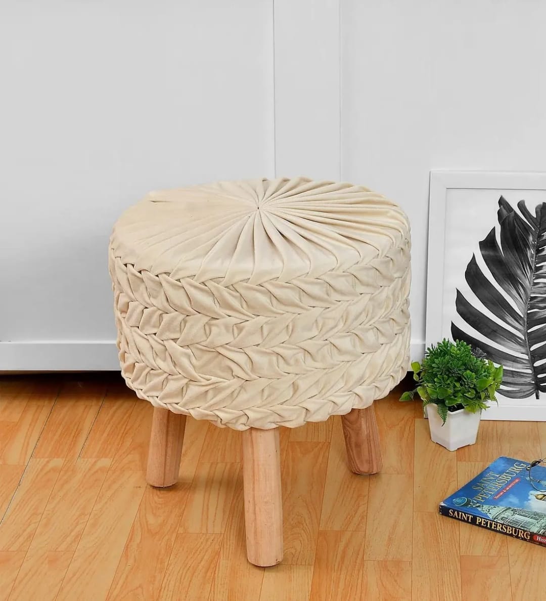 Smocking Soft Upholstery Pouffe & Ottoman Stools Versatile Decorative Seating & Footrest for Living Room, Bedroom (Cream)