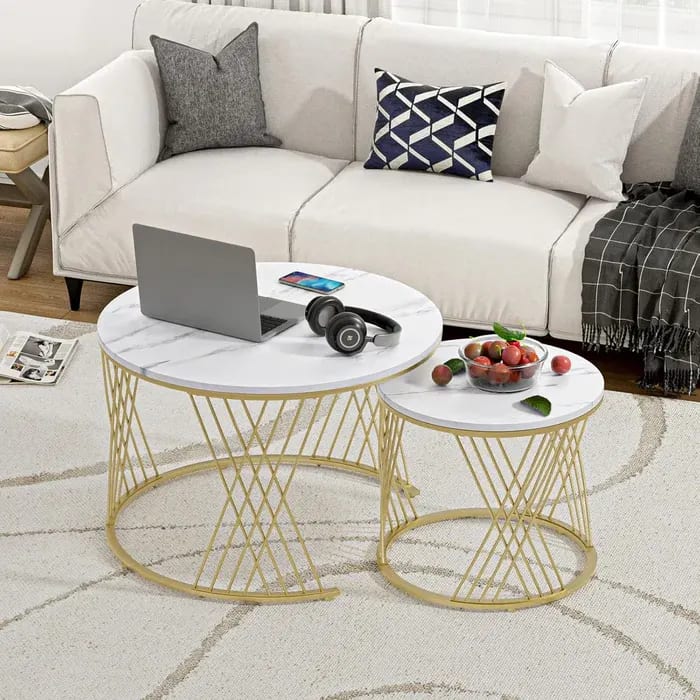 Smudge Cross Design Round Coffee Table Set of 2 with Marble Top-Like Finish for Modern & Elegant Living Room