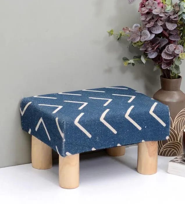 Solid Wood Footrest Stool In Cotton ( Blue )