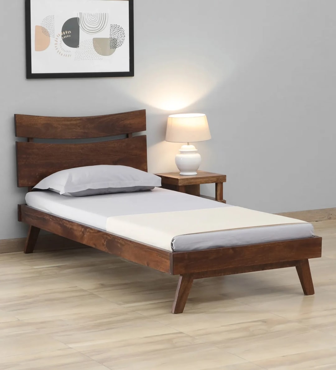 Sorrento Rectangular Teak Wood Single Bed with Bedside Table Elegant Modern Bedroom