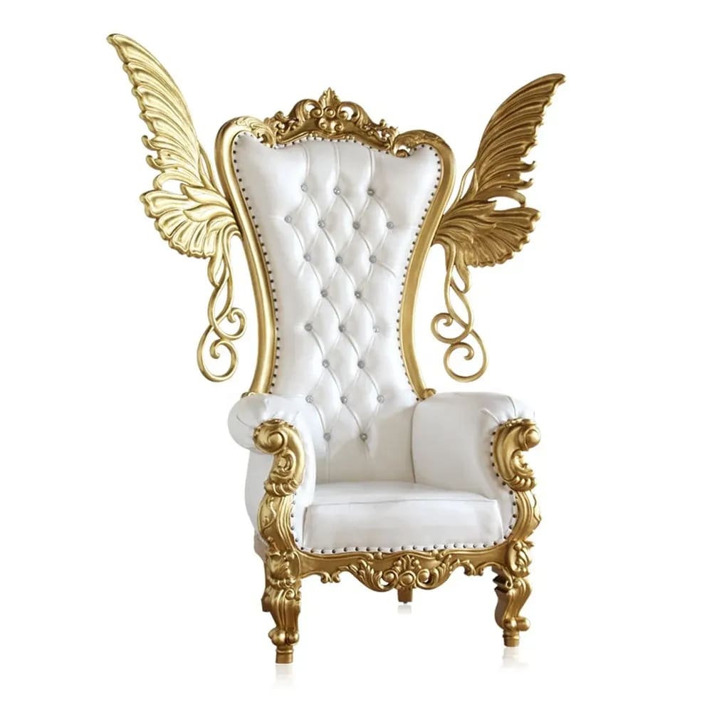 Special Wings Luxurious High Back Button Tufted Teak Wood Throne Chair Royal Wedding Chair, Elegant King & Queen ( Golden )