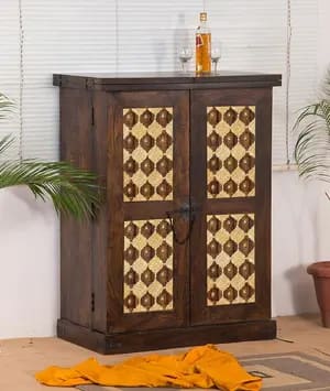 Stone Design Storing Handmade Teak Wood Bar Cabinet Stylish Look for Wine, Liquor, Glasses (Walnut Finish)